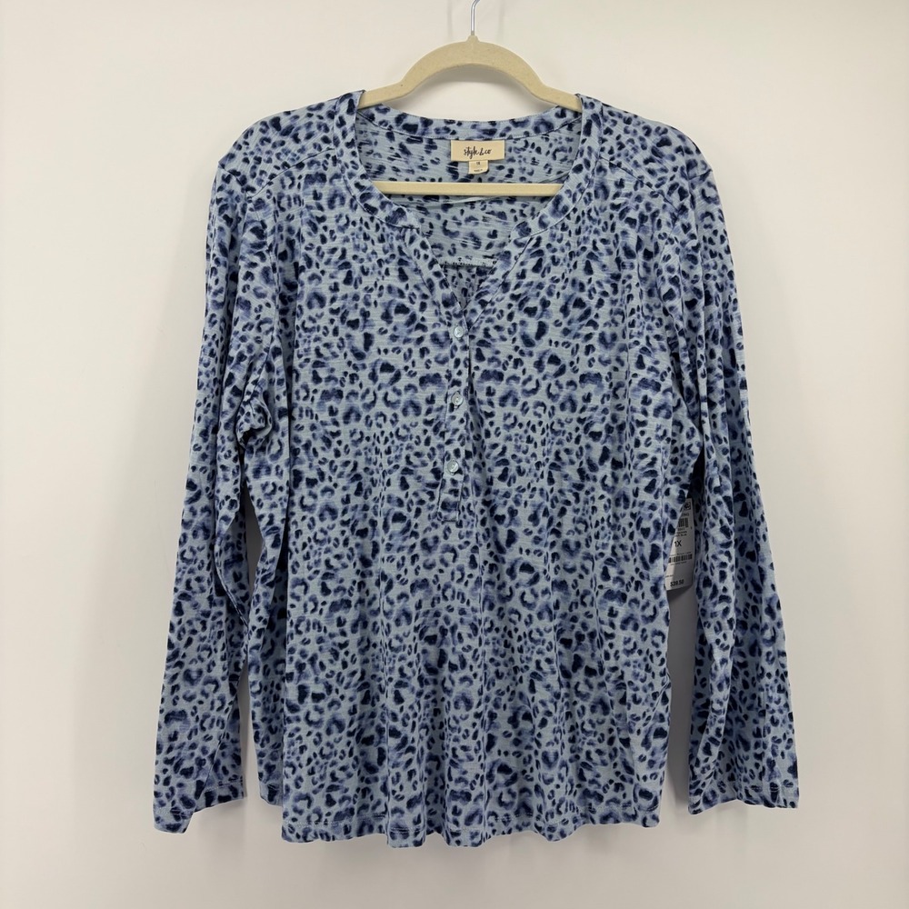 Style & Co Womens 1X Blue Leopard Henley Knit Shirting‎ Long Sleeve Top NEW